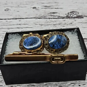 Christian Dior Vintage Gold Tone and Sodalite Cufflinks and tie bar set